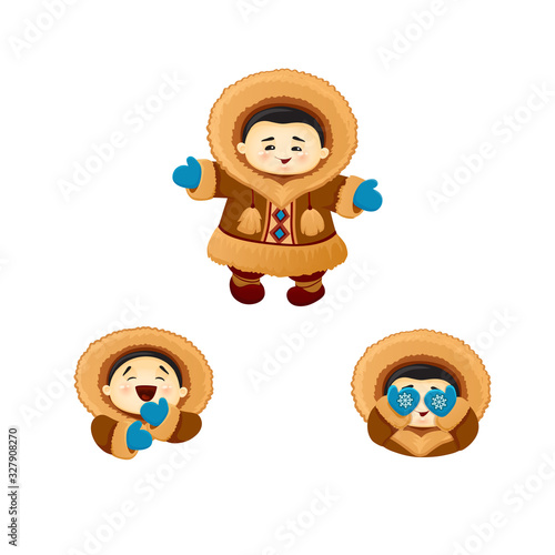 vector icon of funny cute baby eskimos chukcha inuit, funny Chukchi funny kid in warm winter fluffy clothes with blue gloves, in a fur coat with a hood, closes his eyes with his hands, laughs isolated