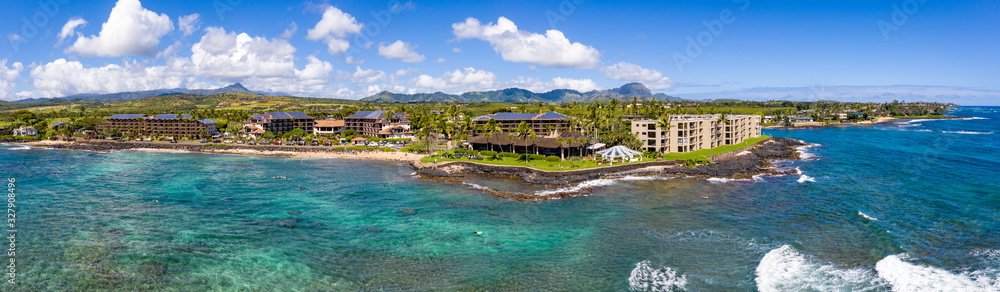Wide panorama of the coastline around Lawa'i beach near Poipu on the south coast of Kauai Wide panorama of the coastline around Lawa'i beach near Poipu on the south coast of Kauai