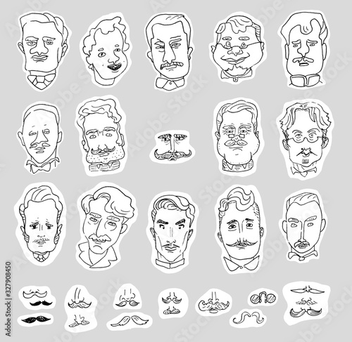 Set of linear caricature portraits of men and drawings of mustaches isolated on a white background.