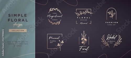 Set of minimalistic elegant geometric floral elements. Premade decorative fashion labels, signs. Vector
