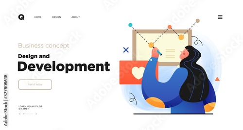 Design and Development. Landing page template with Programmer or designer working in a company office. Website design