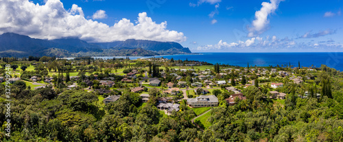 Aerial panorama of Princeville and Bali Hai with Hanalei Bay in Kauai in the distance