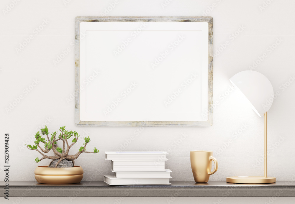 The template of an empty frame on the wall above the shelf. Lamp, bonsai and books on the shelf. The white wall in the background. 3D rendering.