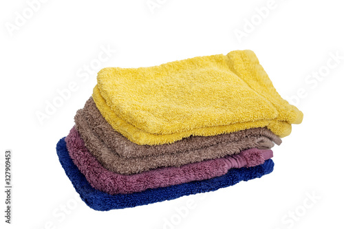 close up of softness colorful towels cotton for bathroom isolated on white background with clipping path.