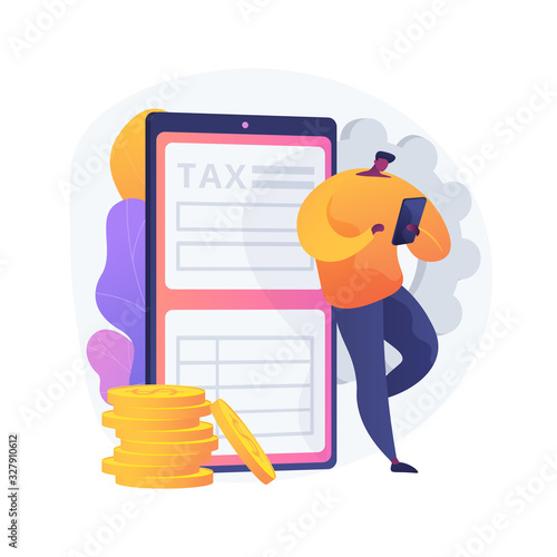 Tariff repay. Compensate for online services. Duty, task overlook, remuneration. Imputed cost and overtaxing. Man standing with phone in hands. Vector isolated concept metaphor illustration.