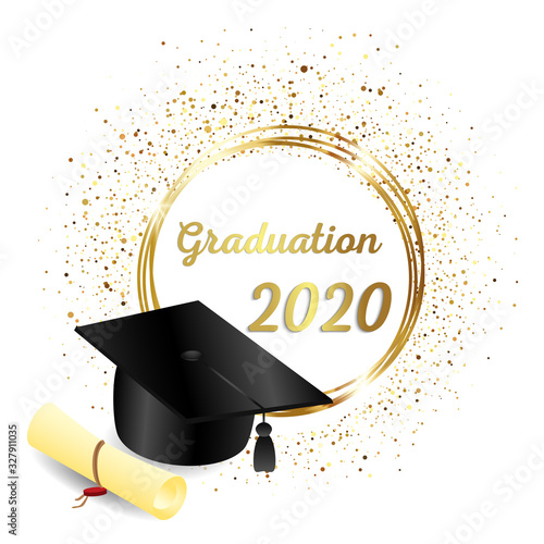 congratulations on graduation, realistic graduation hat, greeting banner, postcard, concept, graduation 2020, golden glitter, vector