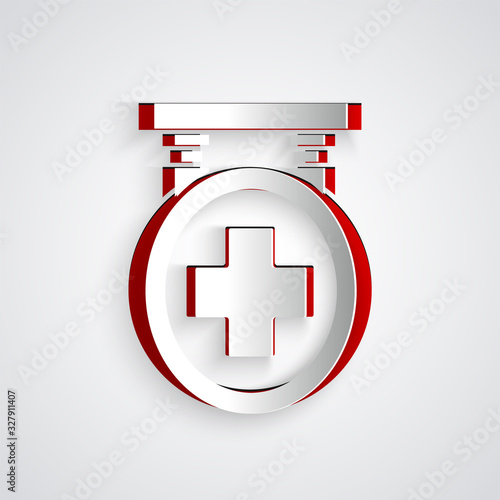 Paper cut Hospital signboard icon isolated on grey background. Paper art style. Vector Illustration