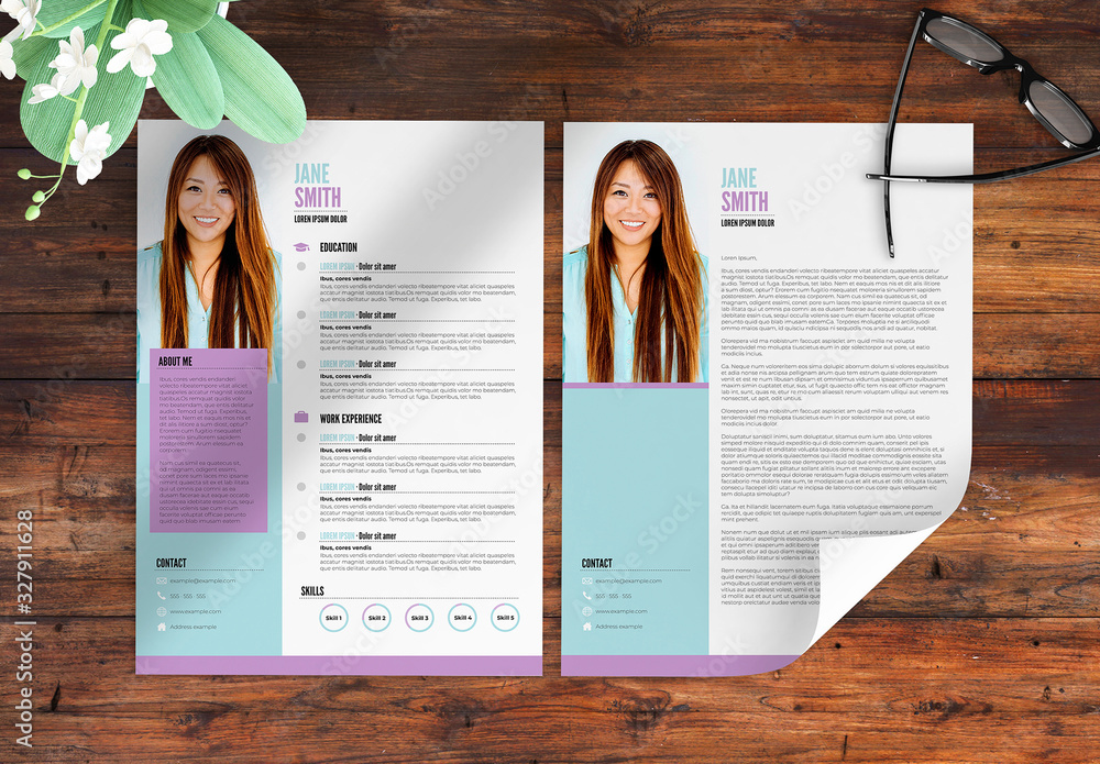 Resume and Cover Letter Set with Pink and Purple Sidebar Template Stock