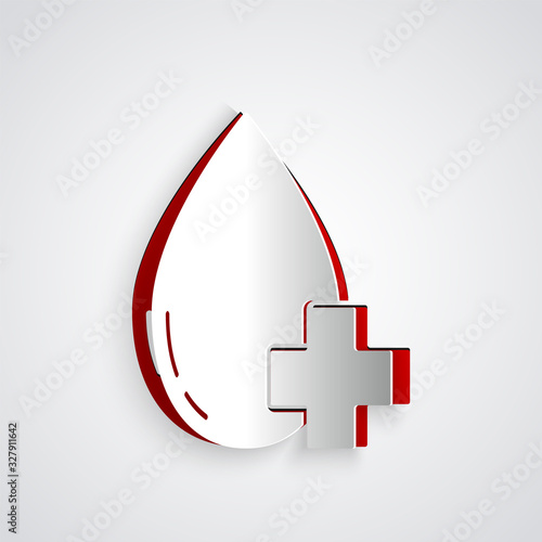 Paper cut Donate drop blood with cross icon isolated on grey background. Paper art style. Vector Illustration