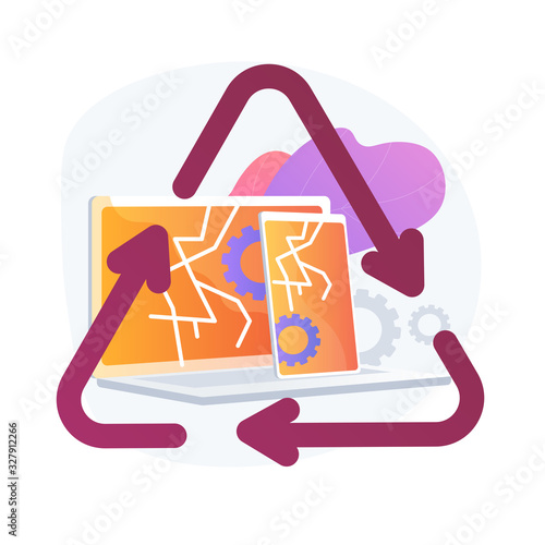 Broken electronics reusing. Damaged device fixing, repairing service, used portable gadgets. Smartphone and laptop with cracks on screen. Vector isolated concept metaphor illustration.
