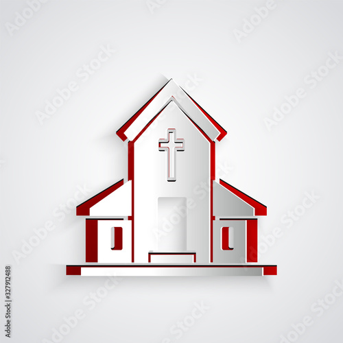 Paper cut Church building icon isolated on grey background. Christian Church. Religion of church. Paper art style. Vector Illustration