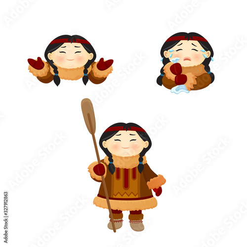 vector eskimo Chukchi funny girl in warm winter fluffy clothes with a paddle from a boat, in a fur coat with a hood, closes her eyes with her hands, laughs, cries isolated on white emoji, emoticon eps