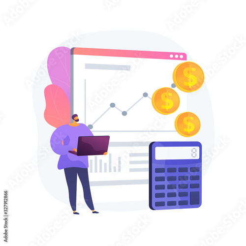 Business accounting, profit growth, calculation. Data analysis, analytics and statistics. Accountant, bookkeeper with laptop cartoon character. Vector isolated concept metaphor illustration.