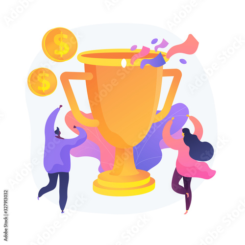 Money prize, trophy, deserved reward. Team success, championship, high achievement. Monetary award recipients, winners cartoon characters. Vector isolated concept metaphor illustration.