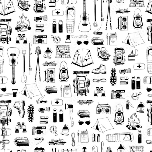 Vector seamless pattern with black elements isolated on white. Trendy endless texture. Print for tourism, camping. Backpack, boots, tent, compass, map, flashlight, binoculars, camera, bottle of water