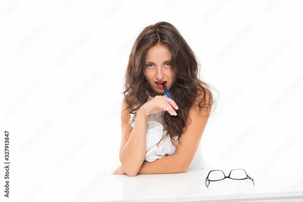 sexy girl wear glasses. beauty seductress isolate on white. sensual secretary sit at table. back to school. feel of desire. bad teacher concept. beautiful young brunette girl with trendy accessories sexy girl wear glasses. beauty seductress isolate on white. sensual secretary sit at table. back to school. feel of desire. bad teacher concept. beautiful young brunette girl with trendy accessories