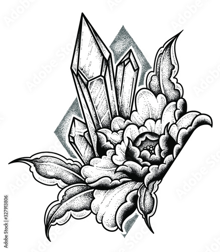 crystal with a flower tattoo. Dot work, psychedelic, zentangle style. vector illustration