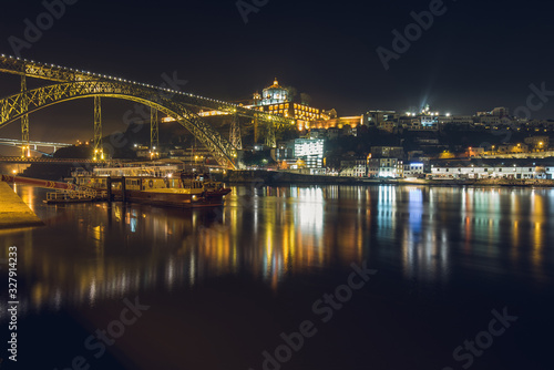 Night View of Luis I Bridge Crossing Douro River in Porto, Portugal