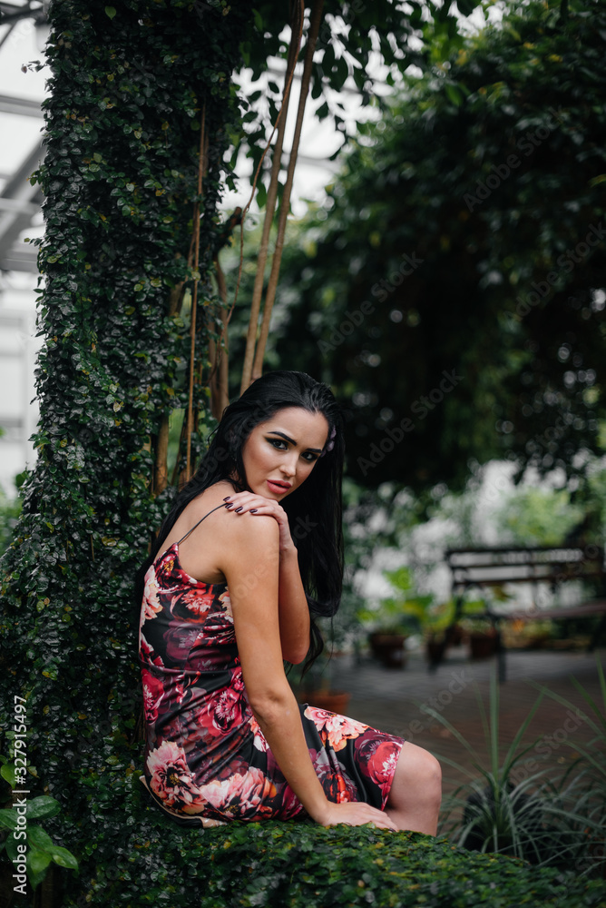 A young beautiful brunette posing among dense thickets of jungle and rainforest. Spa A young beautiful brunette posing among dense thickets of jungle and rainforest. Spa