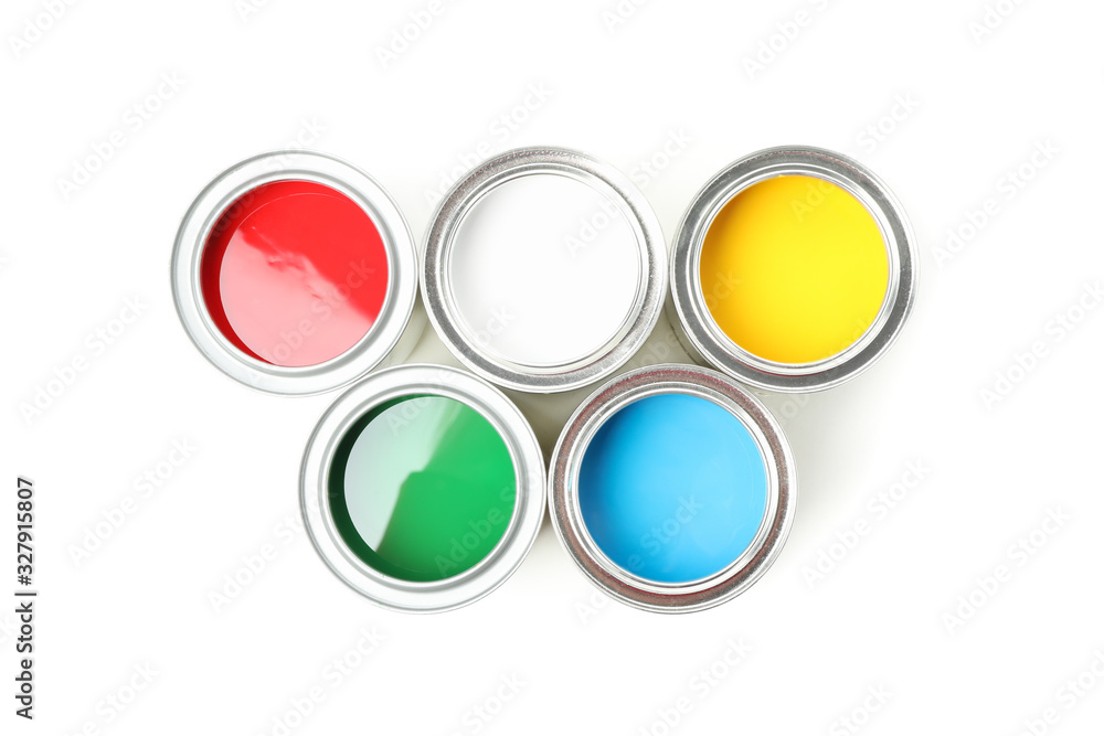 Cans of different paints isolated on white background Cans of different paints isolated on white background