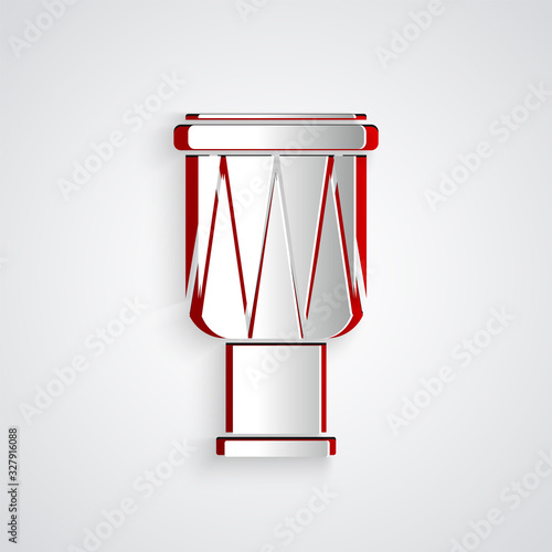 Paper cut Drum icon isolated on grey background. Music sign. Musical instrument symbol. Paper art style. Vector Illustration
