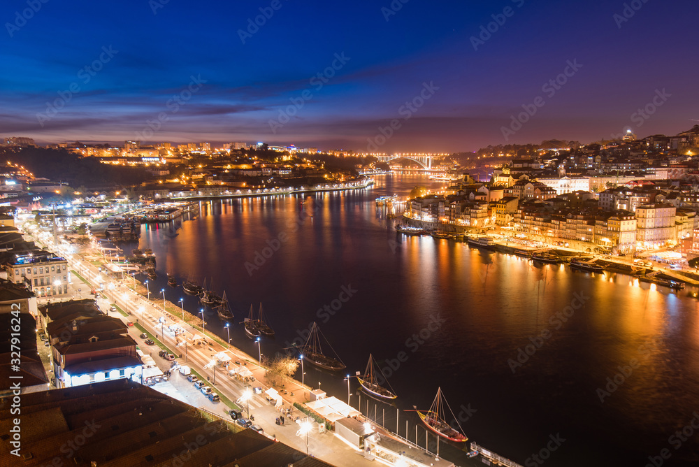Night View of Douro River Between Porto and Vila Nova de Gaia Cities in Portugal