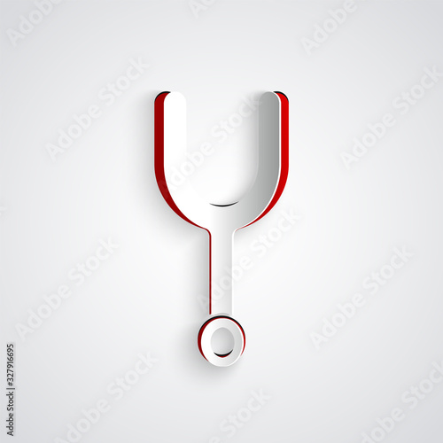 Paper cut Musical tuning fork for tuning musical instruments icon isolated on grey background. Paper art style. Vector Illustration