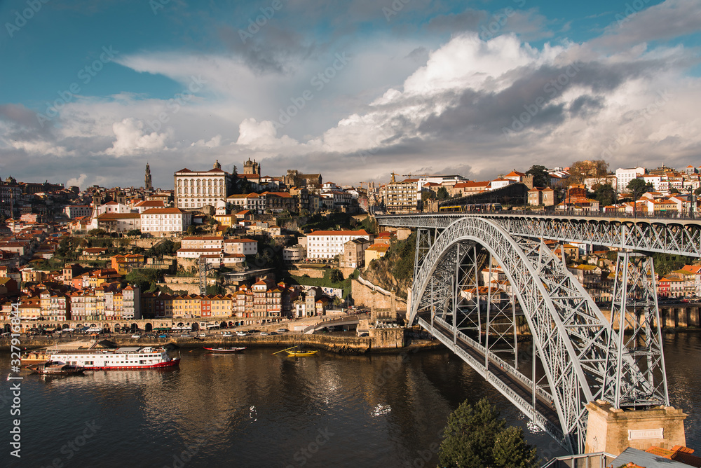 View of Arched Luis I Bridge Carrying Low Level Road and a High Level Metro Line Between Porto and Vila Nova de Gaia Cities in Portugal
