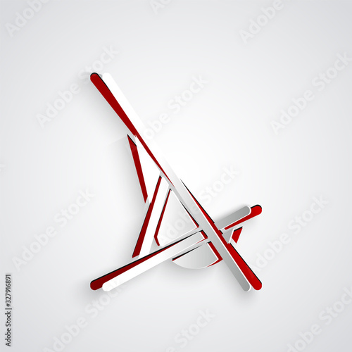 Paper cut Sunbed icon isolated on grey background. Paper art style. Vector Illustration