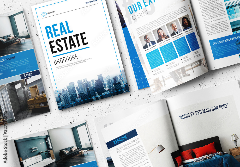 Real Estate Brochure Layout with Blue Accents Stock Template | Adobe Stock