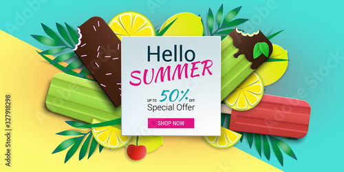 Hello summer special offer template. Yellow and Blue. Vector stock illustration with ice cream, ice lolly, tropical leaves, lemons, cherry. Summer illustration for banner design, poster and voucher.