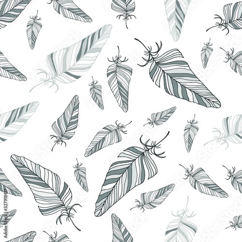 Seamless feather pattern. Vector drawing by hand. For cover design, fabric, things, postcards, decoupage.