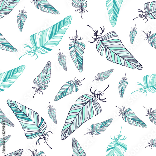 Seamless feather pattern. Vector drawing by hand. For cover design, fabric, things, postcards, decoupage.