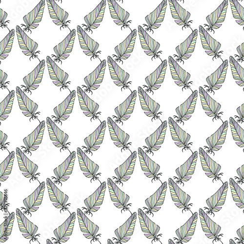 Seamless feather pattern. Vector drawing by hand. For cover design, fabric, things, postcards, decoupage