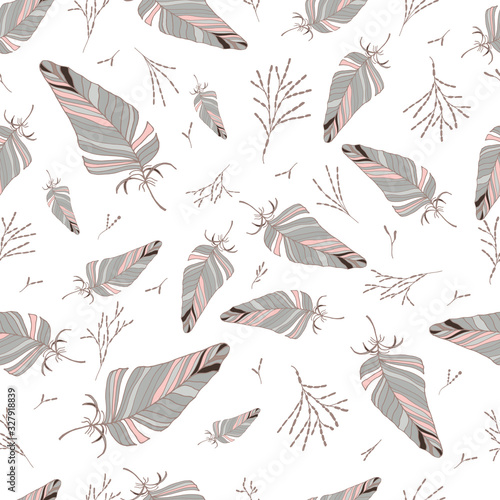 Seamless feather pattern. Vector drawing by hand. For cover design, fabric, things, postcards, decoupage
