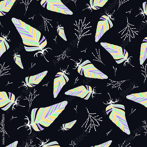 Seamless feather pattern. Vector drawing by hand. For cover design, fabric, things, postcards, decoupage