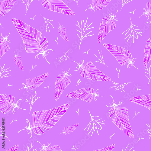 Seamless feather pattern. Vector drawing by hand. For cover design, fabric, things, postcards, decoupage.