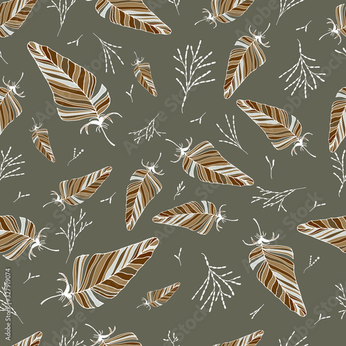 Seamless feather pattern. Vector drawing by hand. For cover design, fabric, things, postcards, decoupage.