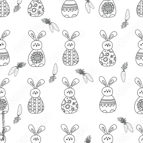 Cute seamless pattern of carrot bunnies. Drawing in a vector by hand. Suitable for Easter cards, posters, things, clothes
