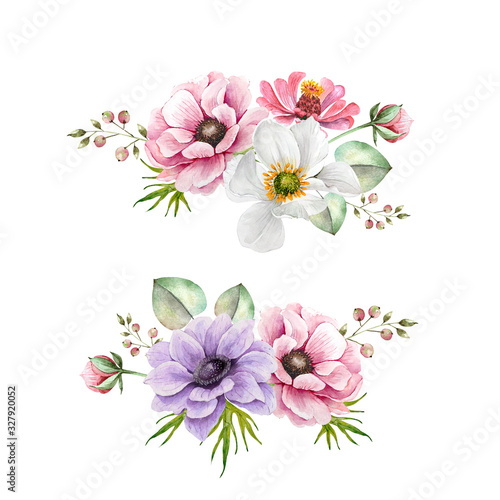 set of bouquets with delicate flowers anemones, pink and lilac watercolor illustration. bouquet for wedding invitations