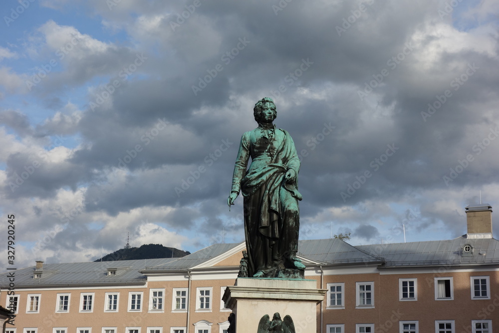 View of Salzburg city in Austria. Mozart statue