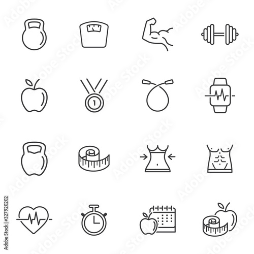 Simple Set of Fitness Related Vector Line Icons. Contains such Icons as Workout, Sleep, Diet Plan, Sport Supplements, Nutrition and more.
