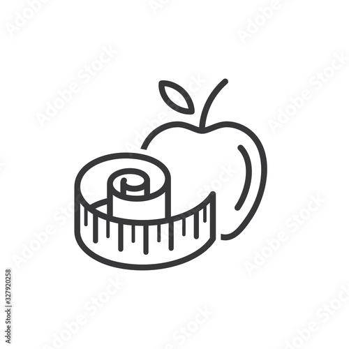 Apple with measuring tape line and glyph icon, fitness and sport, diet sign vector graphics, a linear pattern on a white background.
