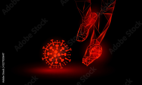 Soccer against coronavirus. Polygonal Football Kickoff illustration. Legs and virus cell.