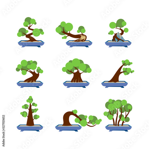 Vector Flat Bonsai Styles Set. Green bonsai trees icons on white background.