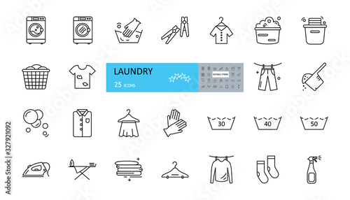 Laundry icon. Vector set of 25 icons with editable stroke. The collection includes a washing machine, gloves, clothes pegs, clean and dirty linen, washing powder, drying clothes, a hanger and an iron.