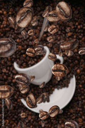 white coffee cup lies in roasted coffee beans of the highest standard