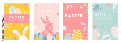 Happy Easter. Greeting cards or posters with bunny, spring flowers and Easter egg. Egg hunt poster template. Spring background. vector illustration