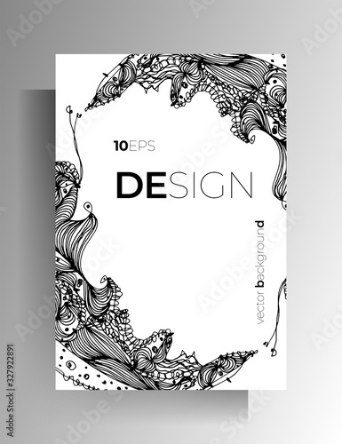 Cover design for book, magazine, catalog brochure. Black and white graphic elements are manually drawn. A4 format. Vector 10 EPS.