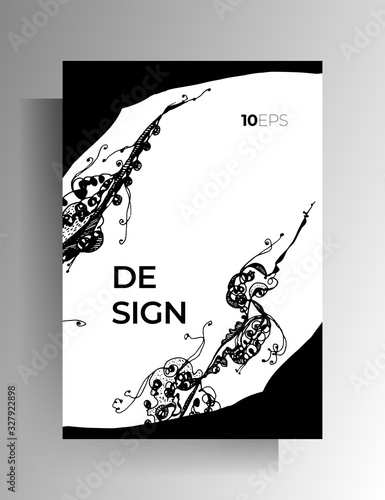 Cover design for book, magazine, catalog brochure. Black and white graphic elements are manually drawn. A4 format. Vector 10 EPS.